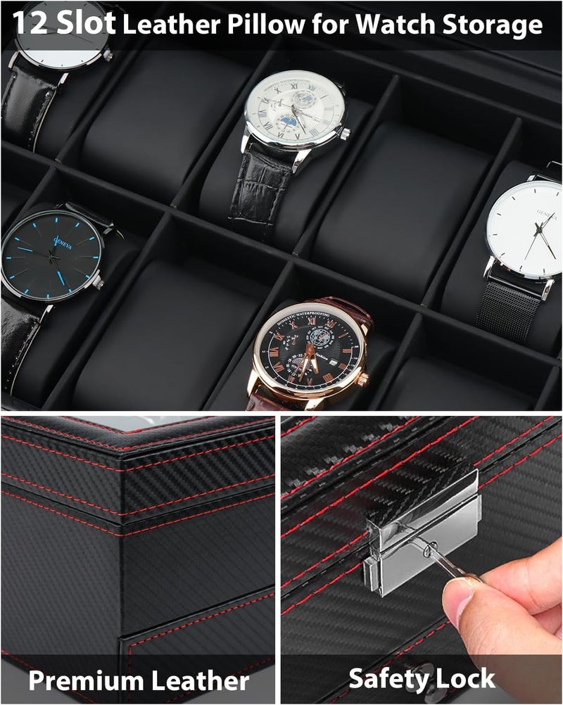 Jenseits 12 Slot Watch Case,2 Layers Watch Box Organizer with Large Glass Lid, Lockable Leather Watch Holder Display Case Storage with Jewelry Organizer Holder Drawer, Ideal Gift for Men Women, Black - Image 2